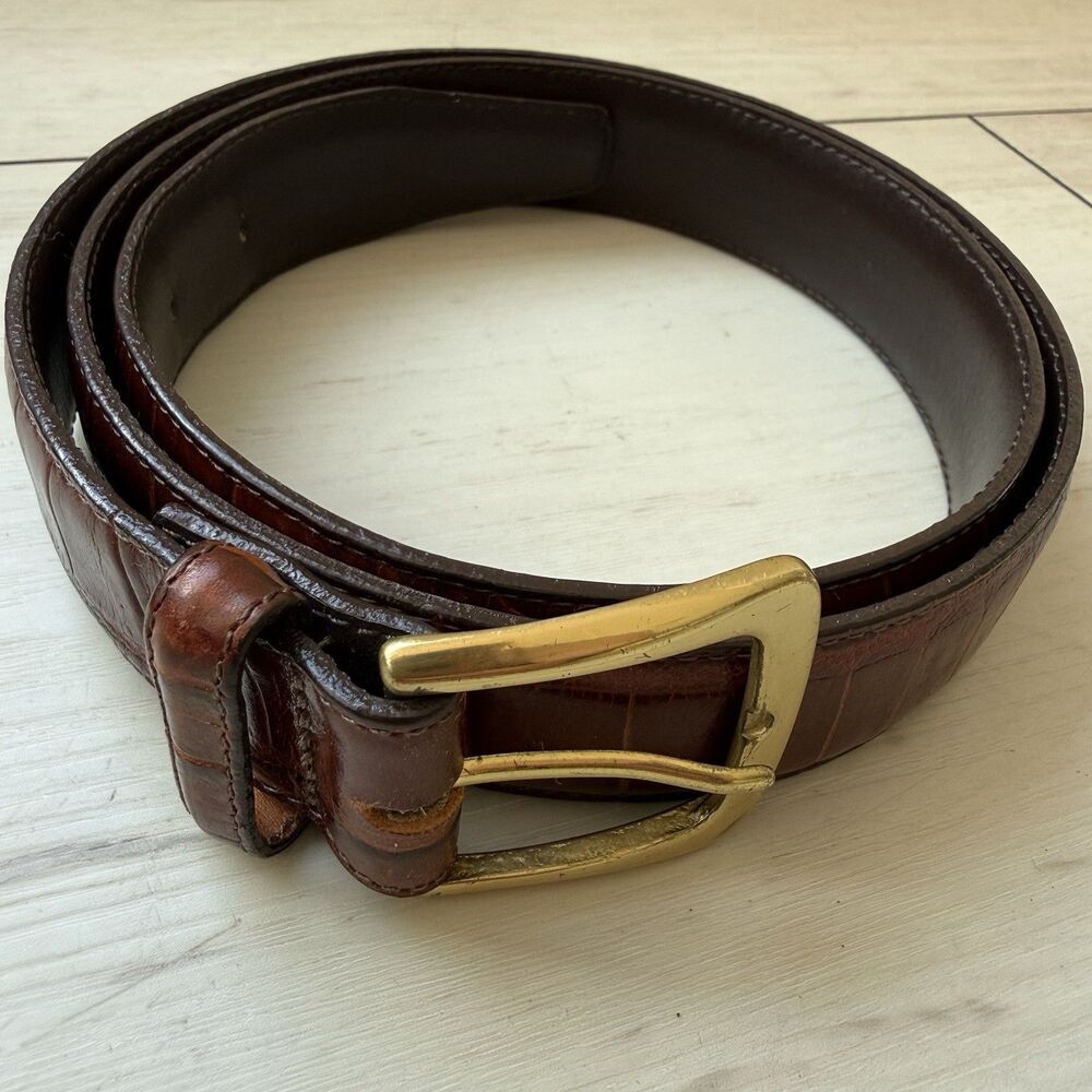 VTG Brown Crocodile Embossed Leather Belt Size 36 Brass Buckle Made in USA F1115